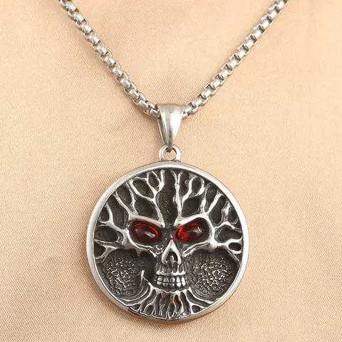 Gothic Stainless Steel Skull Tree Of Life Pendant Necklace For Men Women Punk Vintage Red Zirconia Eye Round Medallion Jewelry Gift