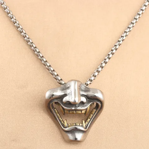 Punk Vintage Stainless Steel Hannya Mask Fang Pendant Necklace For Men Women Two-tone Gold Silver Demon Ghost Neck Jewelry Gift