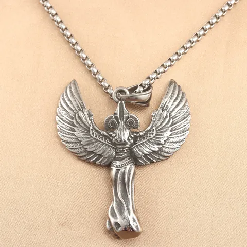 Retro Edelstahl Altägyptische Göttin Isis Engelsflügel Anhänger Halskette Für Herren Vintage Punk Gothic Schmuck Geschenk
