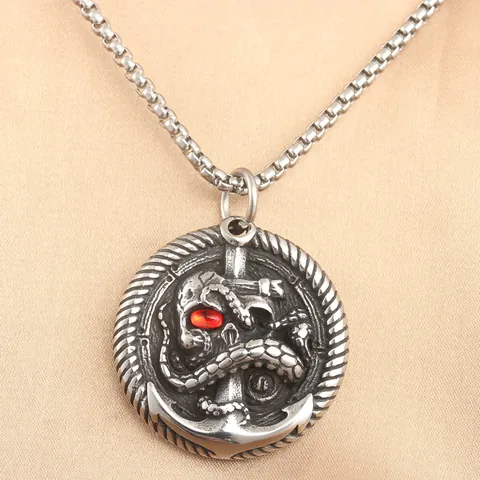 Vintage Punk Stainless Steel Skull Anchor Octopus Pendant Necklace Gothic Nautical Round Medal For Men Women Jewelry