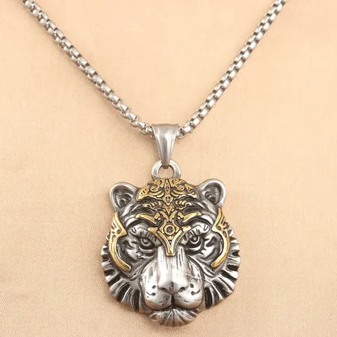 Vintage Punk Stainless Steel Tiger Head Pendant Necklace Two Tone Gold Silver Animal Totem Biker Jewelry For Men Women