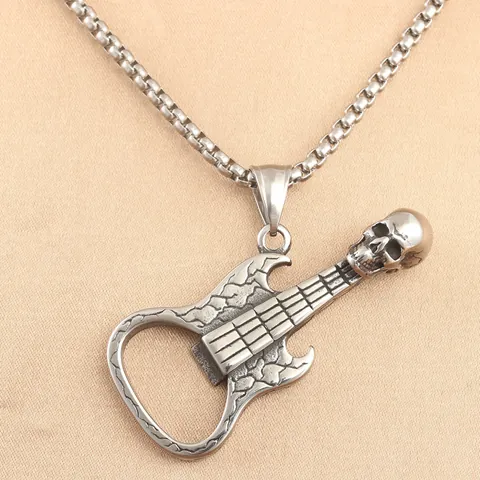 Punk Rock Guitar Skull Pendant Necklace For Men Women Stainless Steel Multi-function Bottle Opener Vintage Gothic Jewelry