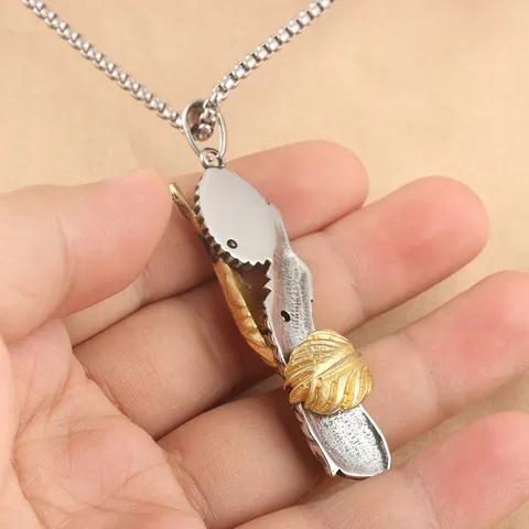 Vintage Punk Titanium Steel Feather Pendant Necklace Turquoise Inlay Two Tone Gold Silver Distressed Indian Style Jewelry