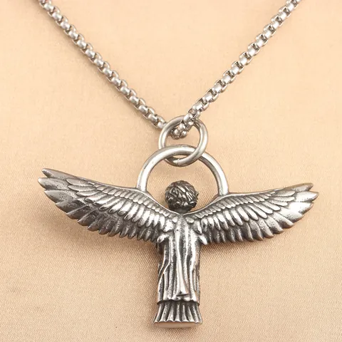 Punk Vintage Stainless Steel Angel Wings Praying Boy Pendant Necklace For Men Women Gothic Jewelry Accessories Gift