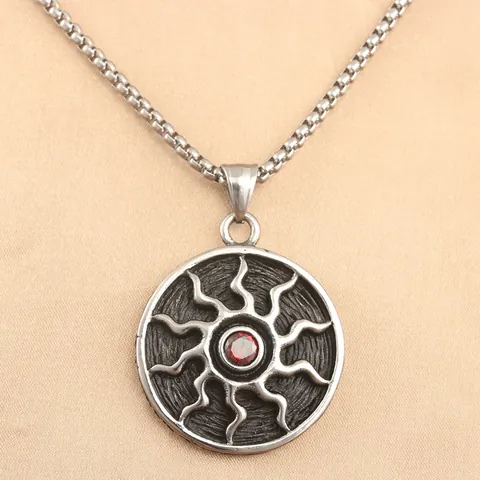 Vintage Stainless Steel Sun Pendant Necklace For Men Women With Red Zirconia Center Stone Punk Sunburst Medallion Jewelry Gift