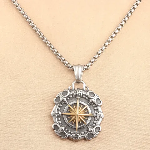 Collana con Pendente a Rosa dei Venti Retro Acciaio Inossidabile Punk Gioielli Stella Nautica per Uomo Donna Oro Argento