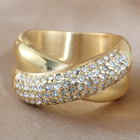 Punk 316 Stainless Steel Interlocking Double Ring For Women Gold Plated Pave Zirconia Rhinestone Fashion Jewelry Ring