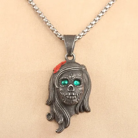 Gothic Edelstahl Langhaarige Weibliche Totenkopf Anhänger Halskette Mit Roter Rose Mexikanischer Tag Der Toten Punk Schmuck Herren Damen
