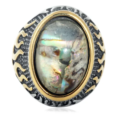 Vintage Stainless Steel Ring For Men Two Tone Flame Relief Pattern Oval Abalone Shell Inlay Punk Jewelry Accessory