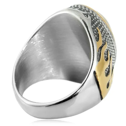 Vintage Stainless Steel Ring For Men Two Tone Flame Relief Pattern Oval Abalone Shell Inlay Punk Jewelry Accessory