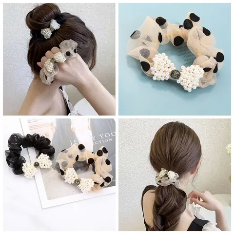 Elegante Scrunchie in Rete Con Fiocco di Künstliche Perle Pietra Decorativa Vintage Polka Dot Organza Elastici Capelli Donna Gioielli
