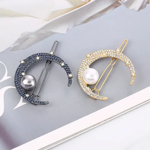Elegante Fermaglio per Capelli a Luna Crescente Con Strass e Perla Artificial Finta Clip a Rana in Lega Accessorio per Capelli Donna