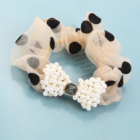 Elegante Scrunchie in Rete Con Fiocco di Künstliche Perle Pietra Decorativa Vintage Polka Dot Organza Elastici Capelli Donna Gioielli