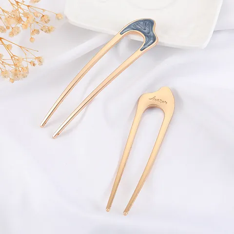Elegante U-Vormige Legering Haarpeld Met Emaille Marmerpatroon Vergulde Haarspeld Voor Vrouwen Bruiloft Feest Haarstyling Accessoires