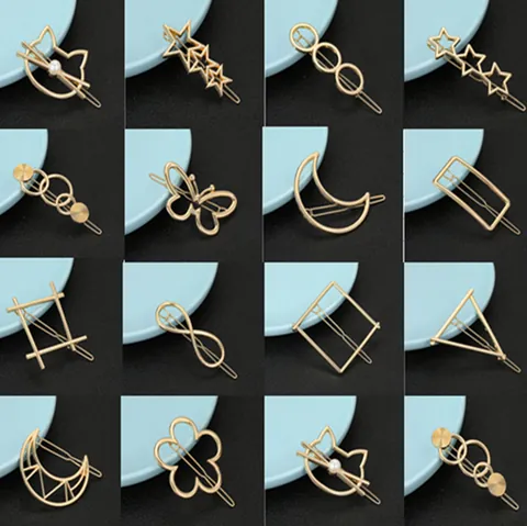 Women Minimalist Gold Alloy Hair Clips Geometric Cat Butterfly Moon Star Metal Side Pins Hair Accessories For Girls Daily Gift