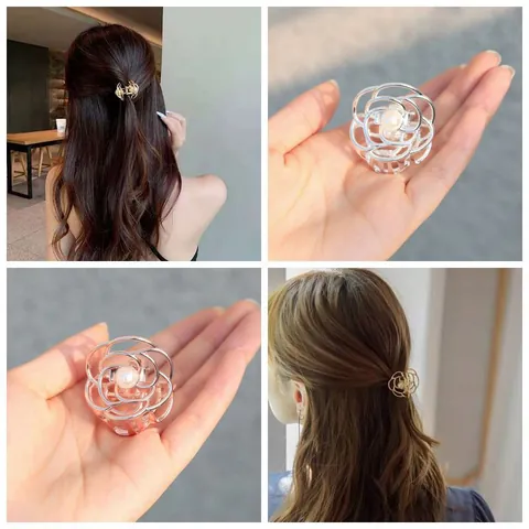 Koreanische Minimalistische Legierung Rose Blume Haarkralle Mit Künstliche Perleneinlage Metall Hohl Kleine Kamelie Haarspange Für Damen Tägliches Styling Zubehör