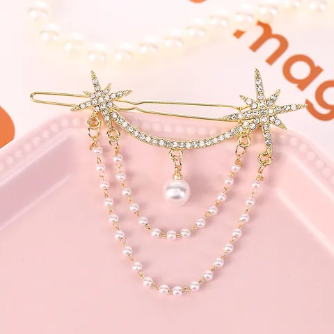 Elegante Pinza para el Cabello de Aleación Dorada con Lazo Estrella y Borla de Strass y Perla Artificial de Imitación para Mujer Joyería