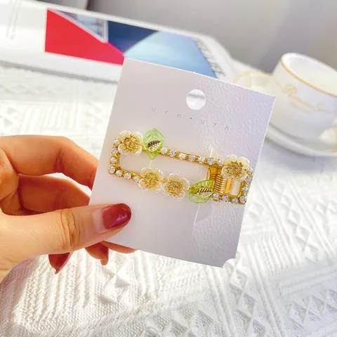 Süße Blumen Perlen Entenschnabel Haarspange Für Damen Gold Legierung Strass Haarnadel Elegante Blüte Blatt Seitenclip Haarschmuck