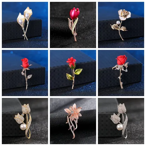 Women's Elegant Alloy Floral Brooch Rose Tulip Design With Rhinestones And Faux Artificial Pearls For Wedding Party Accessories Jewelry Gift