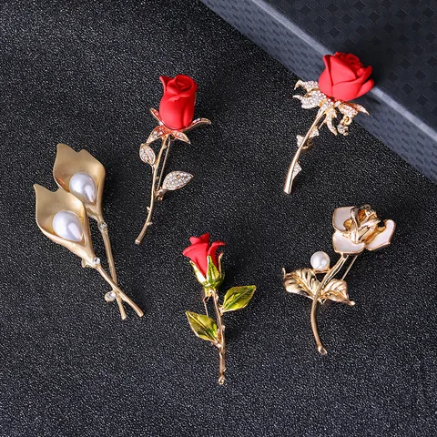 Women's Elegant Alloy Floral Brooch Rose Tulip Design With Rhinestones And Faux Artificial Pearls For Wedding Party Accessories Jewelry Gift