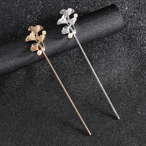 Vintage Ginkgo Leaf Artificial Pearl Hair Pin Alloy Metal Hair Stick For Women Elegant Hanfu Chinese Style Hair Accessory Gold Silver