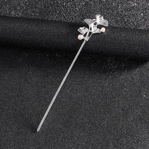 Vintage Ginkgo Leaf Artificial Pearl Hair Pin Alloy Metal Hair Stick For Women Elegant Hanfu Chinese Style Hair Accessory Gold Silver