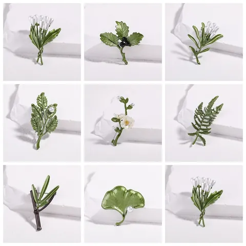 Elegant Forest Style Green Plant Leaf Flower Brooch Alloy Enamel Imitation Artificial Pearl Chest Pin For Women Apparel Accessories
