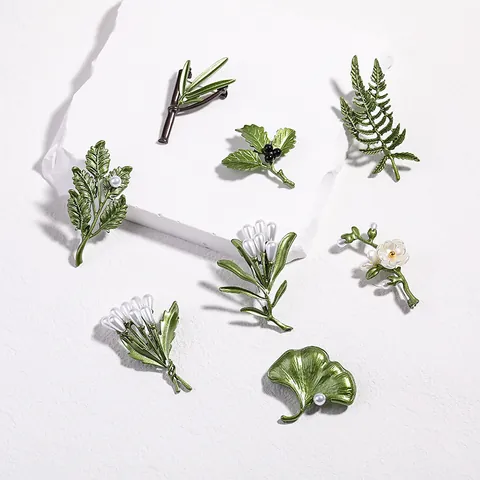 Elegant Forest Style Green Plant Leaf Flower Brooch Alloy Enamel Imitation Artificial Pearl Chest Pin For Women Apparel Accessories