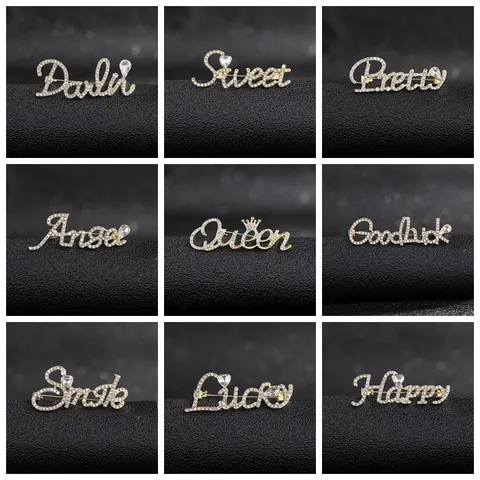 Broche de Letra Inglesa de Aleación de Moda con Diamantes de Imitación Personalidad Chapado en Oro Plata Corsage Pin Queen Lucky Happy Joyería para Mujer