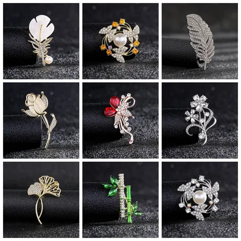 Elegant Zirconia Rhinestone Brooch Pin For Women Fashion Alloy Artificial Pearl Flower Feather Bamboo Butterfly Suit Accessories Jewelry Gift