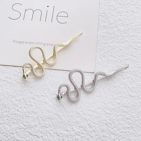 Vintage Snake Shaped Alloy Hair Clip With Green Rhinestone Eyes Gold Silver Metal Side Bobby Pin For Women Fashion Jewelry
