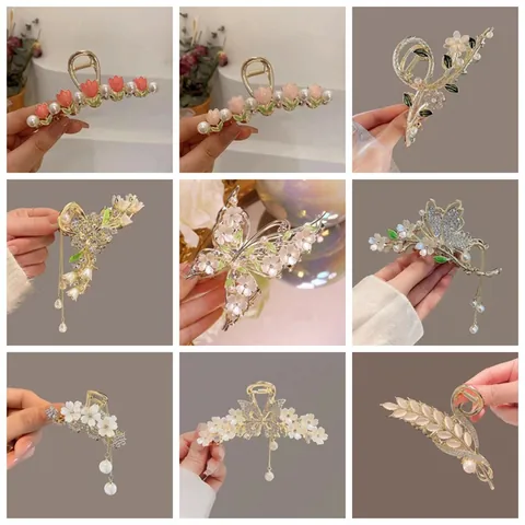Elegante Pinza per Capelli a Farfalla e Tulipano per Donna Lega Strass Perla Artificial Fiore Nappina Forcina Vintage Fairy Style Copricapo Accessori per Capelli