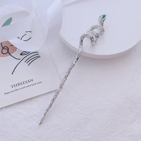 Vintage Snake Hair Stick Alloy Rhinestone Green Eye Hair Pin Long Bun Hairfork For Women Personality Simple Hair Accessories