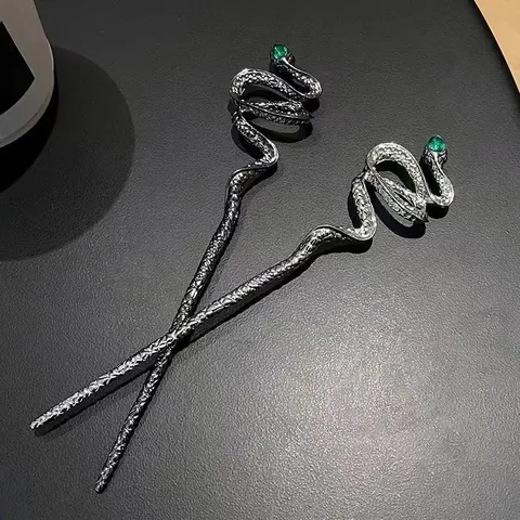 Vintage Snake Hair Stick Alloy Rhinestone Green Eye Hair Pin Long Bun Hairfork For Women Personality Simple Hair Accessories