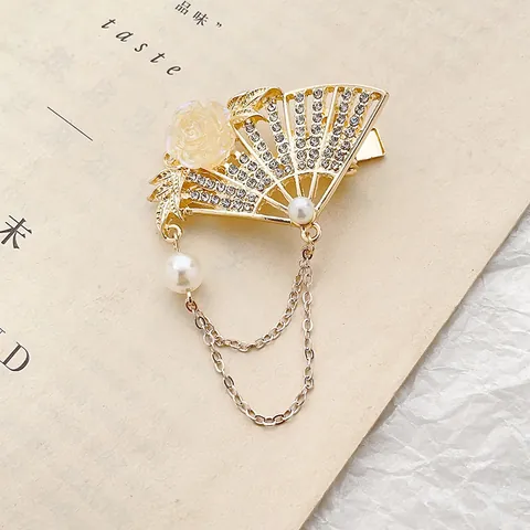 Vintage Fan Shaped Tassel Hair Clip Gold Zinc Alloy Rhinestone Artificial Pearl Rose Duckbill Clip Hanfu Hair Accessories For Women