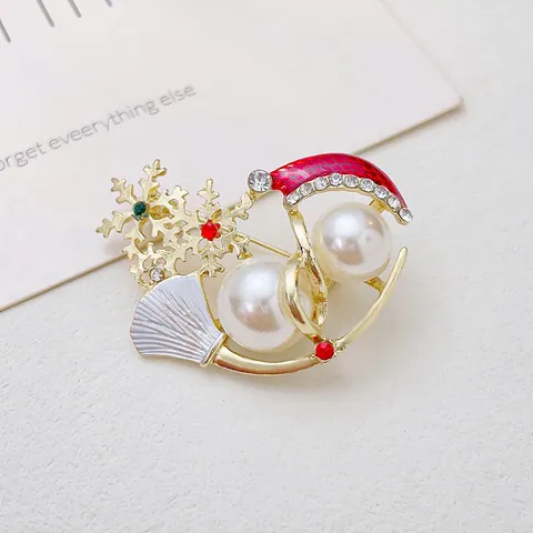 Cute Christmas Snowman Snowflake Brooch Pin For Women Alloy Faux Pearl Rhinestone Enamel Festive Holiday Jewelry Gift