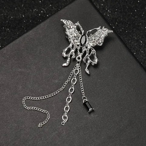 Vintage Liquid Metal Butterfly Tassel Brooch Pin Zinc Alloy Rhinestone Black Stone For Women Y2K Trendy Jewelry Accessory