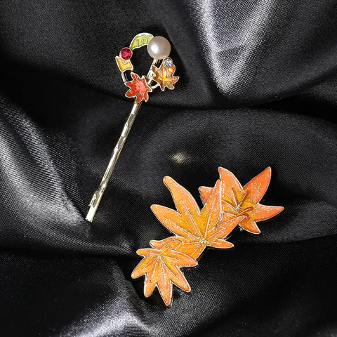 Korean Style Elegant Maple Leaf Hair Clip Zinc Alloy Enamel Orange Gold Color Faux Pearl Rhinestone Side Hair Pin For Women