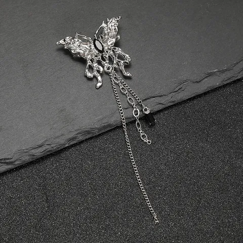 Vintage Liquid Metal Butterfly Tassel Brooch Pin Zinc Alloy Rhinestone Black Stone For Women Y2K Trendy Jewelry Accessory