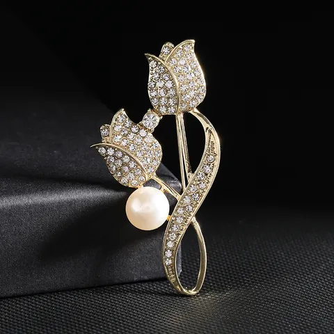 Elegant Tulip Flower Brooch With Rhinestones And Faux Pearl Gold Plated Zinc Alloy Pin For Women Banquet Jewelry Accessory