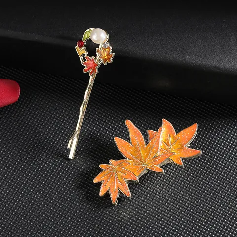 Korean Style Elegant Maple Leaf Hair Clip Zinc Alloy Enamel Orange Gold Color Faux Pearl Rhinestone Side Hair Pin For Women