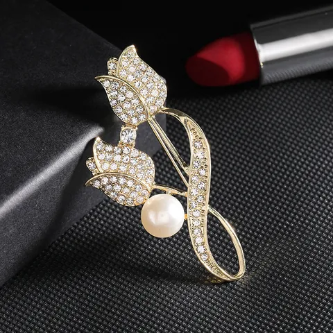Elegant Tulip Flower Brooch With Rhinestones And Faux Pearl Gold Plated Zinc Alloy Pin For Women Banquet Jewelry Accessory
