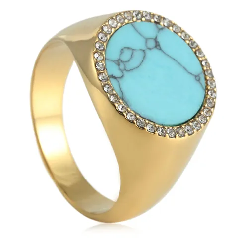 Vintage Stainless Steel Signet Ring For Men Women Round Black Stone Turquoise Inlaid Zircon Gold Silver Punk Finger Ring