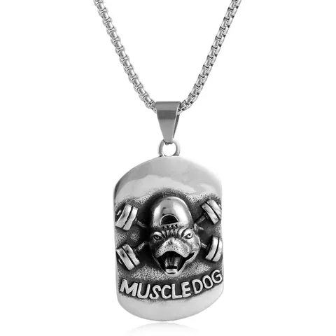 Retro Punk Stainless Steel Muscle Dog Pendant Necklace For Men Fitness Dumbbell Embossed Dog Tag Jewelry Accessory Gift