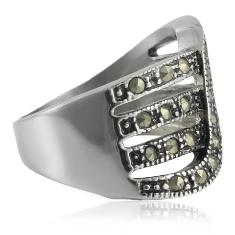 Vintage Stainless Steel Hollow Out Ring For Women Marcasite Inlaid Punk Gothic Band Finger Jewelry Gift