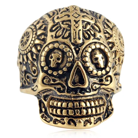 Vintage Edelstahl Totenkopf Kreuz Ring Für Herren Gothic Punk Biker Schmuck Retro Sugar Skull Fingerring Gold Silber Zweifarbig
