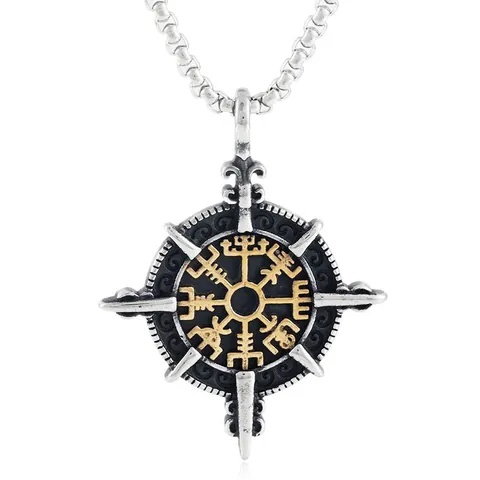 Collar con Colgante de Brújula Vikinga Vegvisir para Hombre Acero Inoxidable Runa Nórdica Tótem Joyería Retro Punk Oro Plata