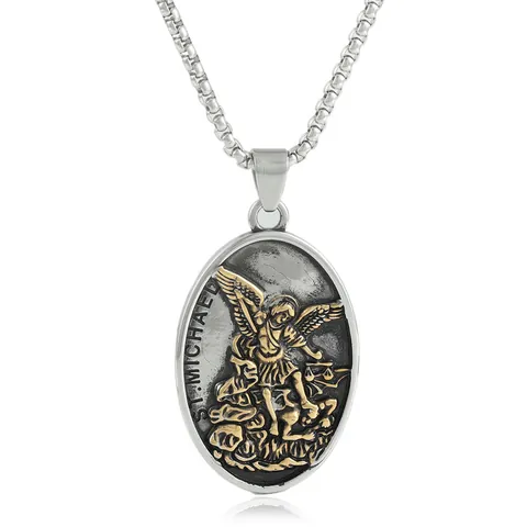 Vintage Stainless Steel St Michael Angel Relief Pendant Necklace For Men Punk Hip Hop Religious Guardian Jewelry Gift