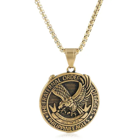 Retro Stainless Steel Eagle Pendant Necklace For Men Philippine Eagles Fraternal Order Relief Round Medallion Punk Jewelry Gift