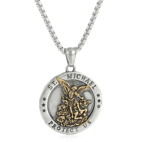 Vintage Stainless Steel St Michael Archangel Pendant Necklace Religious Round Amulet For Men Women Punk Jewelry Gift